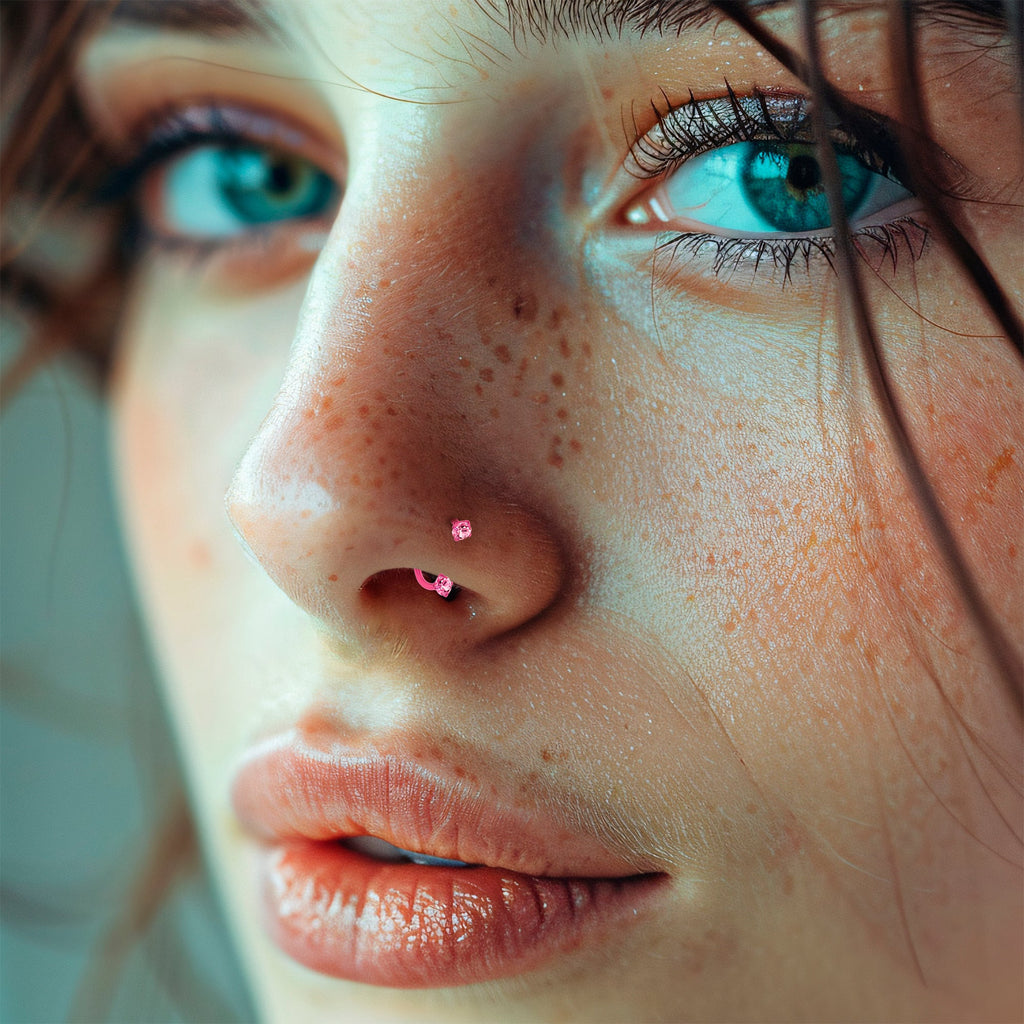BodyCandy Pink Double Gem Horseshoe Nose Ring - Solid Titanium Anodized — detail close-up