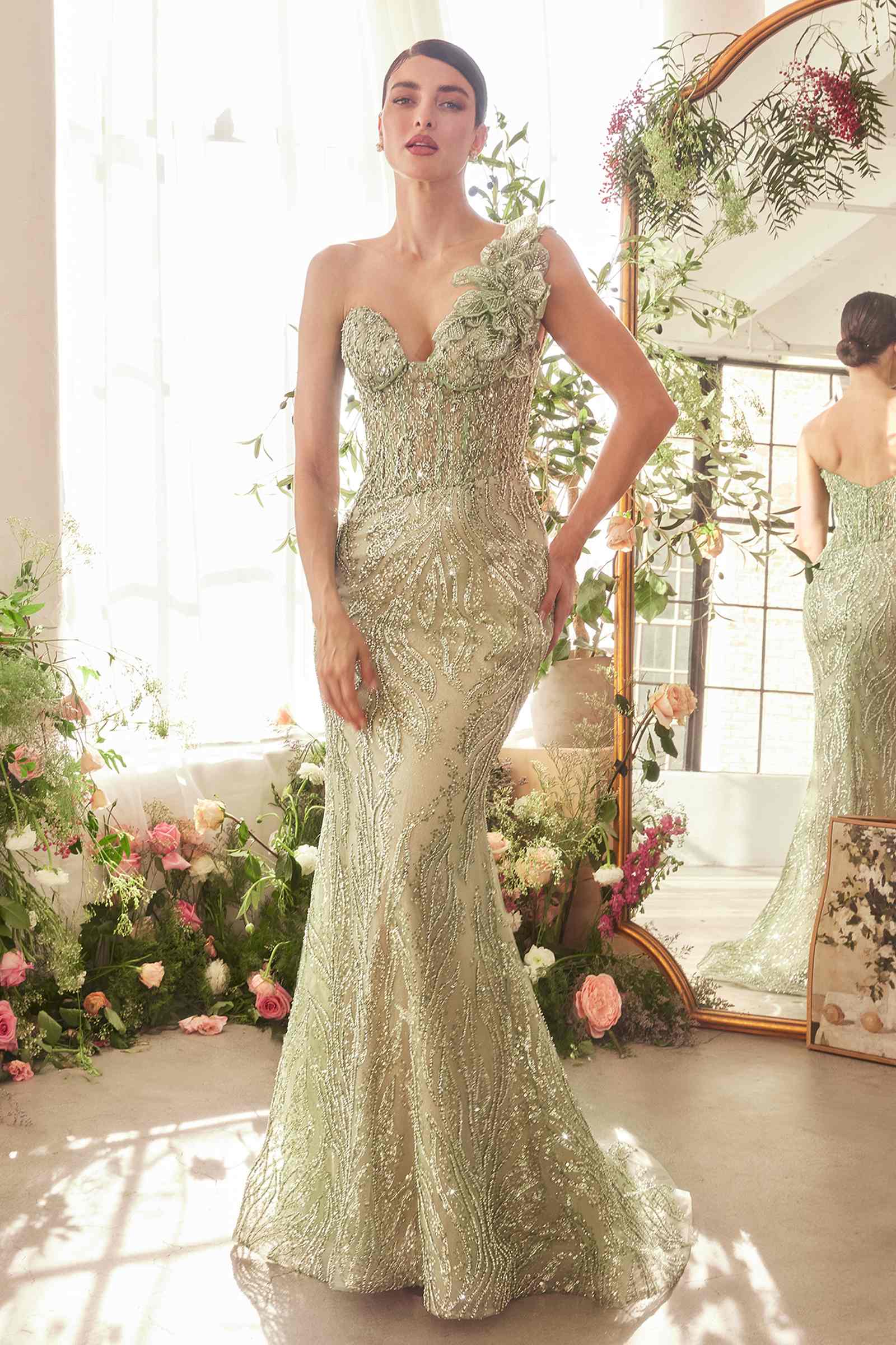 Andrea & Leo A1392 Dress One Shoulder Fully Beaded Floral Motif Gown