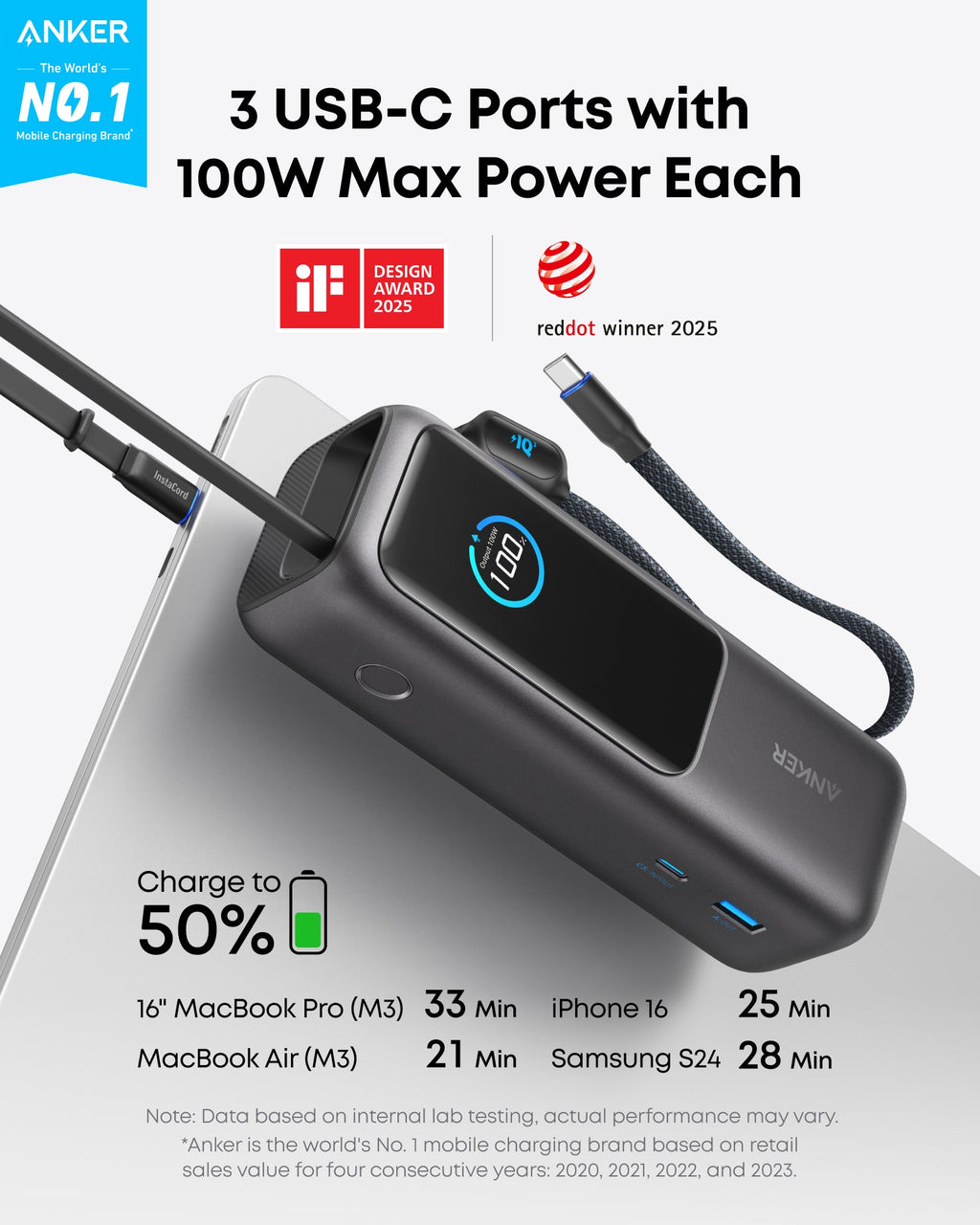 Anker Laptop Power Bank (25K, 165W, Built-In and Retractable Cables), view 2