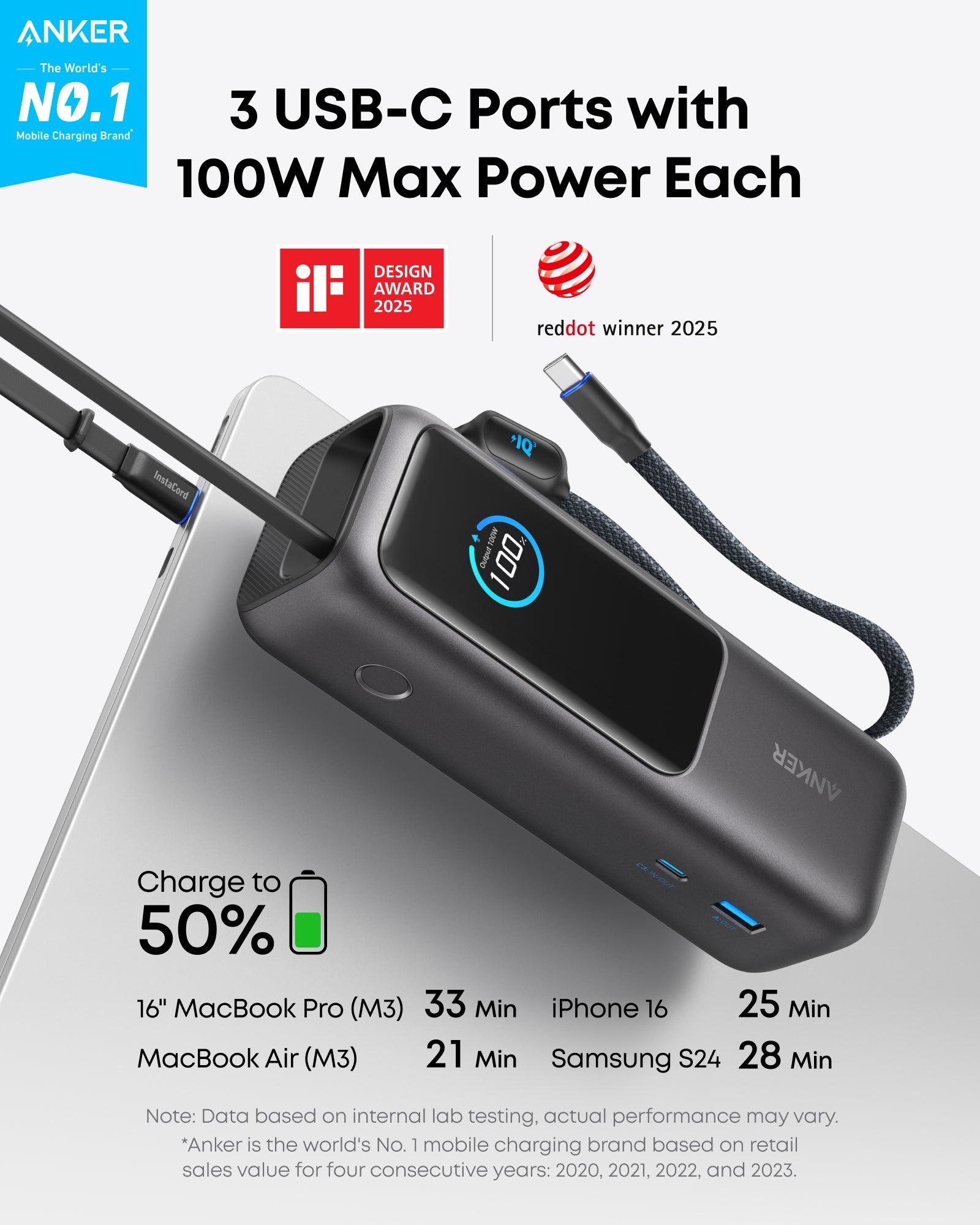 Anker Laptop Power Bank (25K, 165W, Built-In and Retractable Cables), view 2