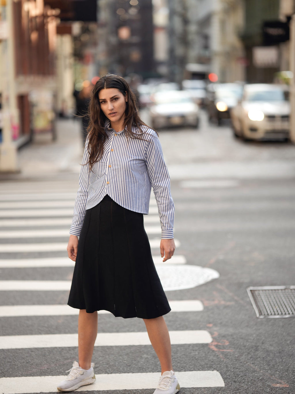 profile-nyc GATHERED STRIPE BLOUSE — lifestyle context