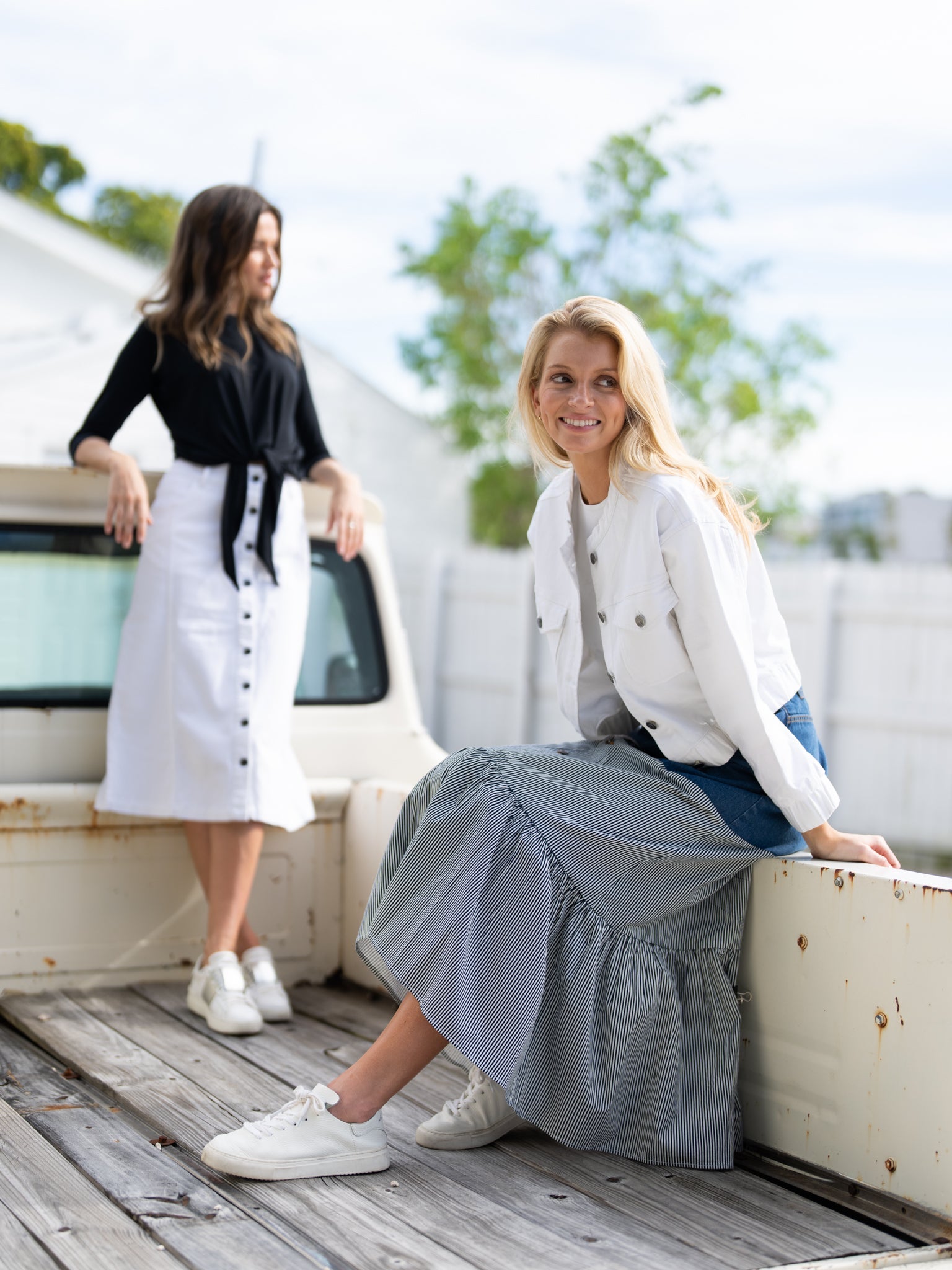 profile-nyc DENIM STRIPE COMBO SKIRT — lifestyle worn / used context