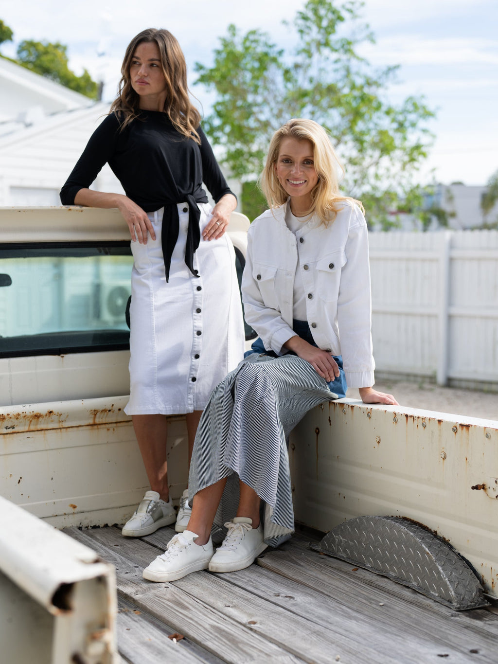profile-nyc DENIM STRIPE COMBO SKIRT — profile-nyc branding close-up