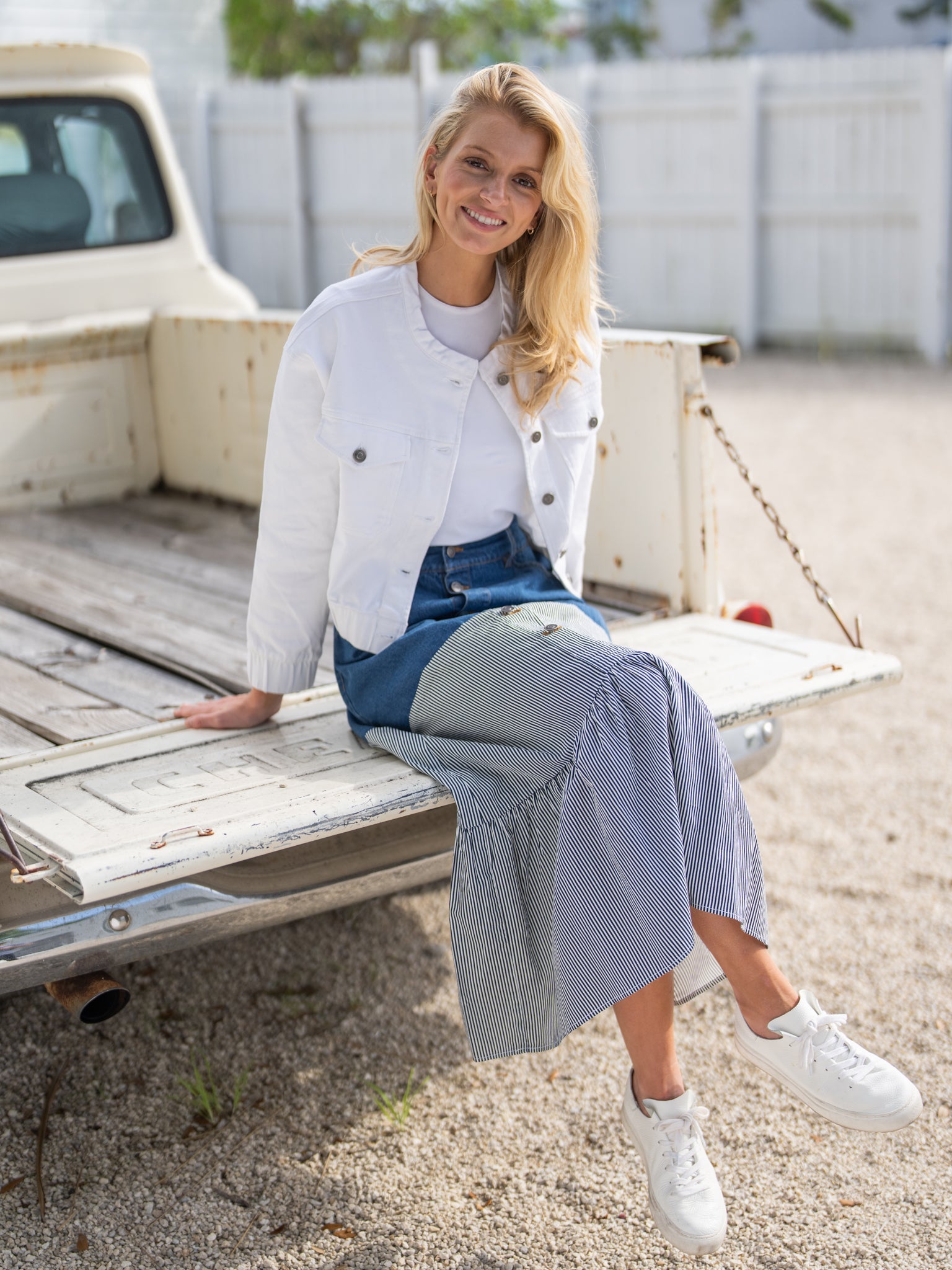 profile-nyc DENIM STRIPE COMBO SKIRT — construction detail