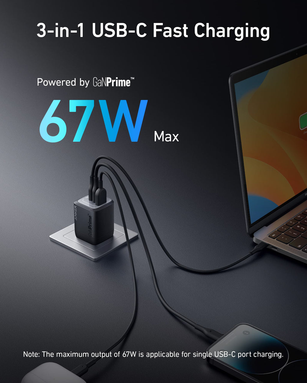 Anker Prime 67W GaN Wall Charger (3 Ports), view 2