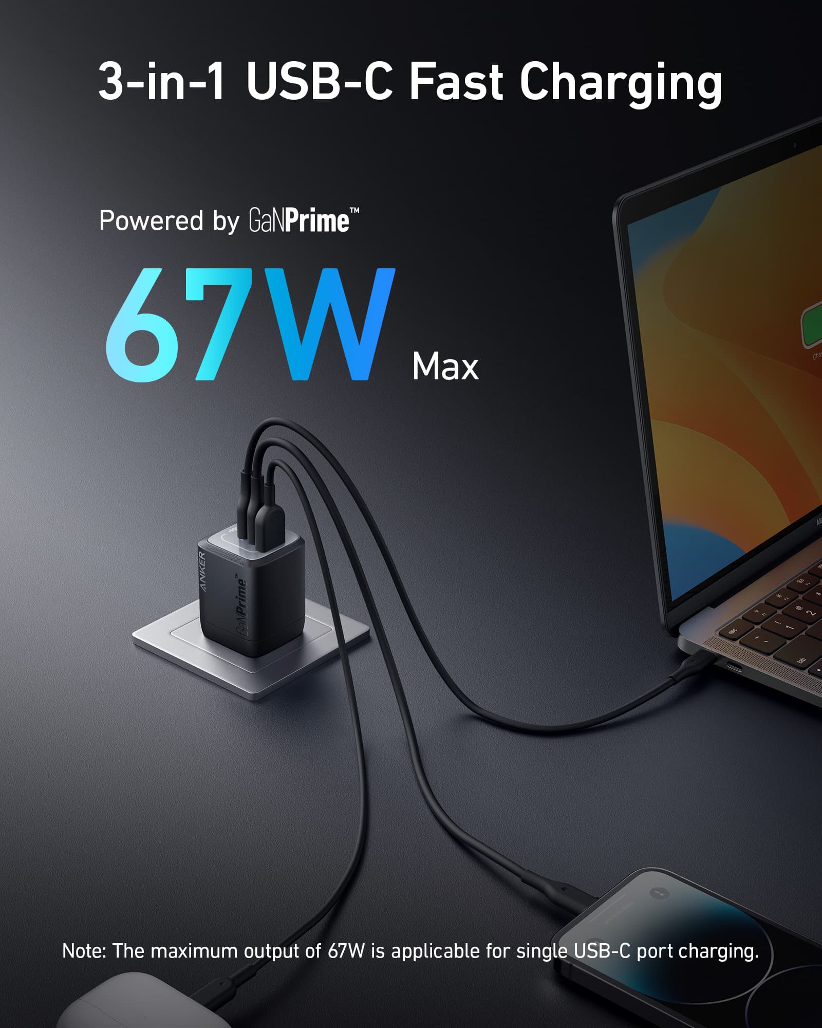 Anker Prime 67W GaN Wall Charger (3 Ports), view 2