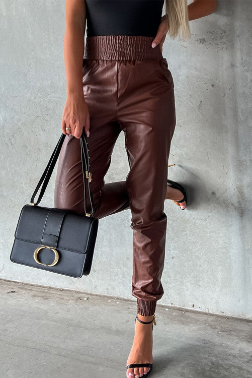 Pretty Little Patriot Pretty Little Patriot Brown Leather Skinny Tapered Pants — Brown detail