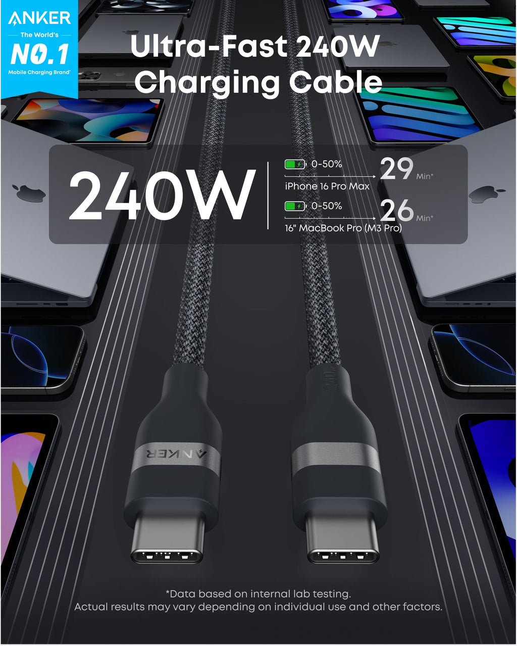Anker USB-C to USB-C Cable (3 ft / 6 ft, 240W, Upcycled-Braided), view 2