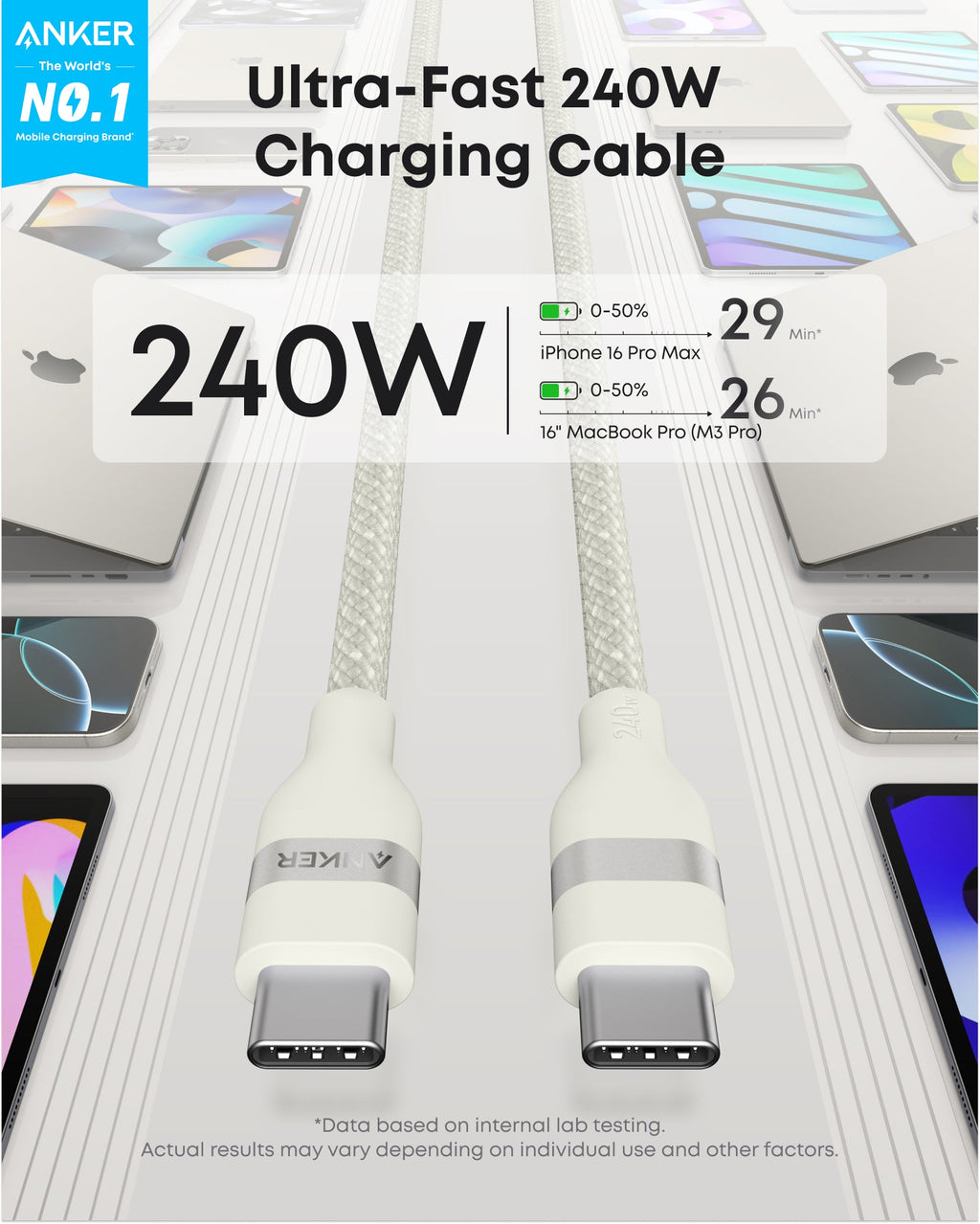 Anker USB-C to USB-C Cable (3 ft / 6 ft, 240W, Upcycled-Braided), view 20