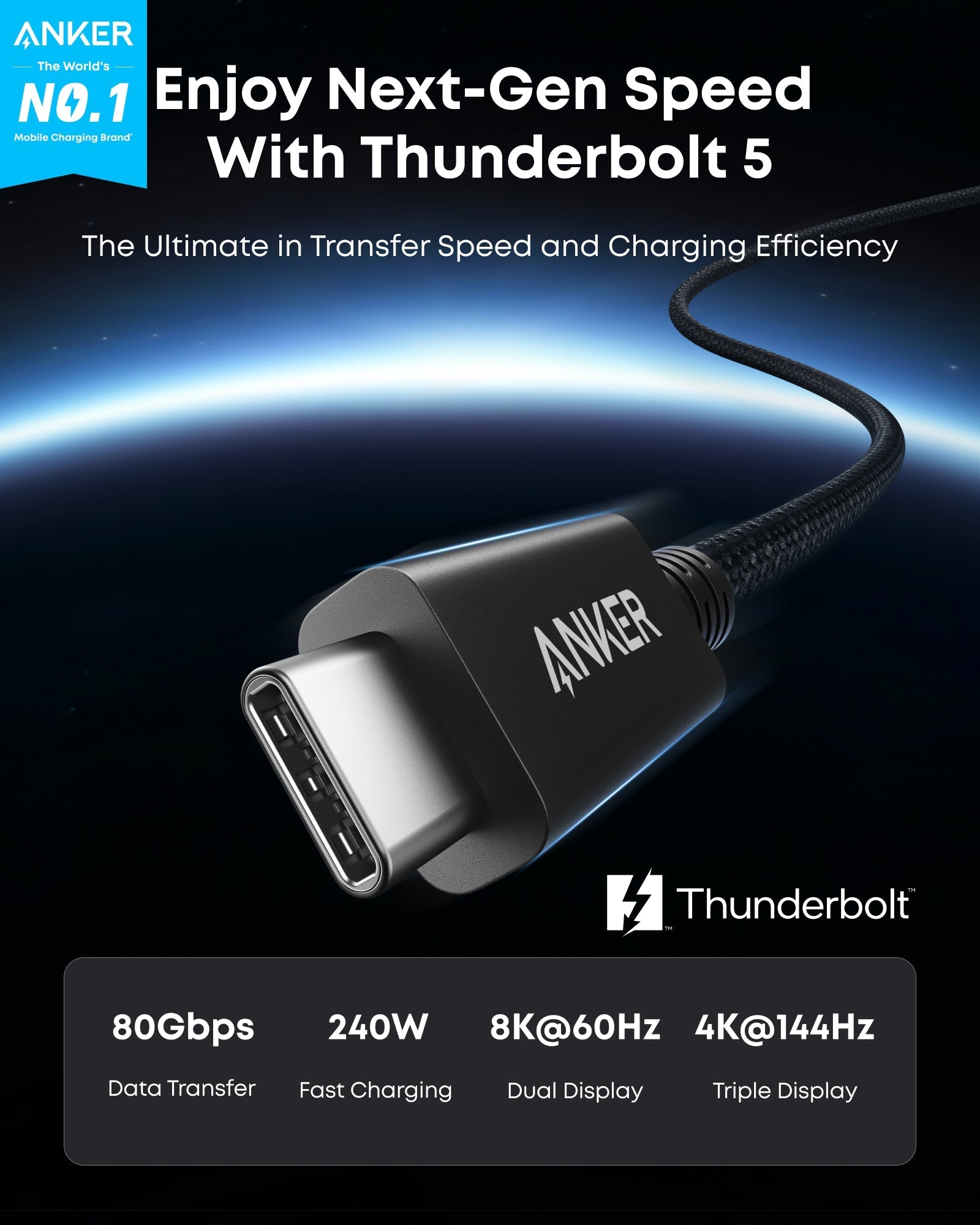 Anker Prime Thunderbolt 5 Cable (3.3 ft / 1.7 ft, 80 Gbps, 240W), view 14