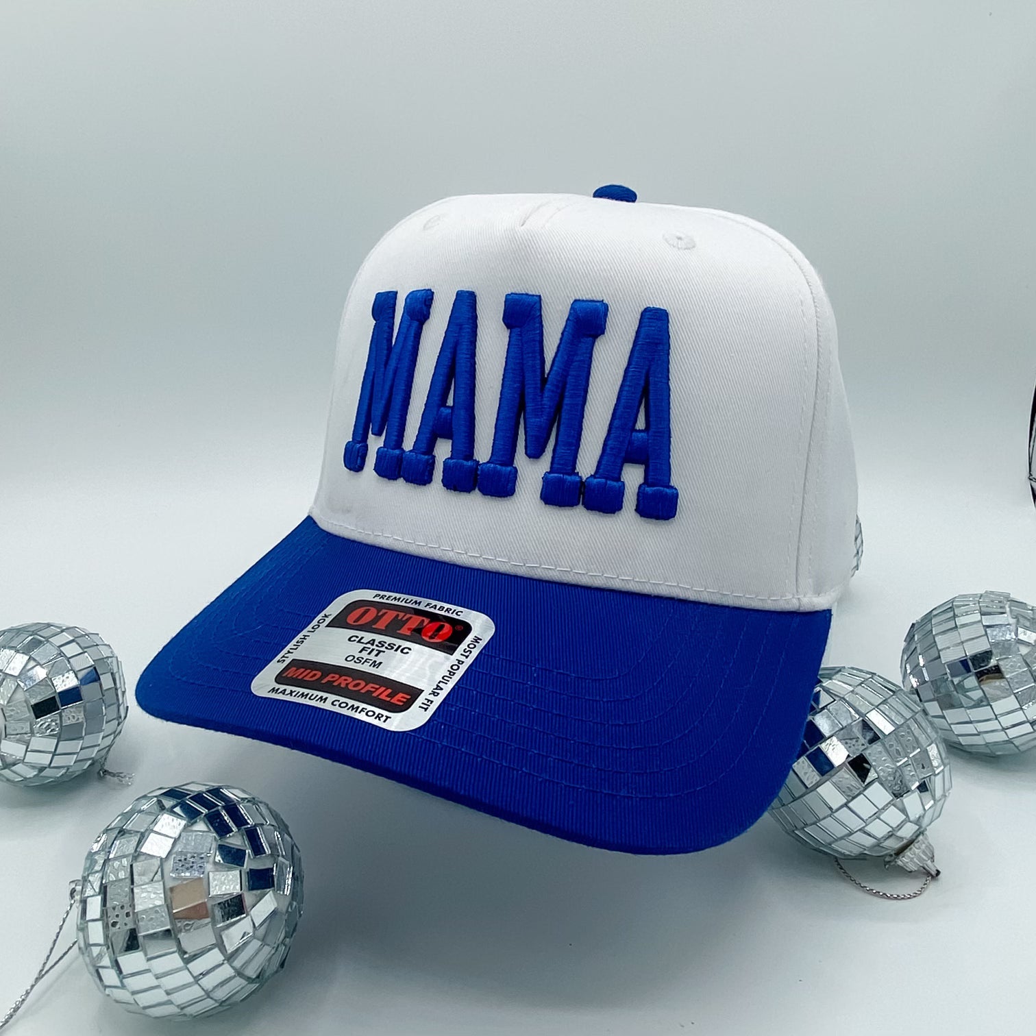 Coco & Rho Mama Puff Blue + White - Trucker Hat — Coco & Rho branding close-up