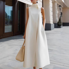 Elegant Sleeveless Long Dress – Stand Collar Office & Casual Dress