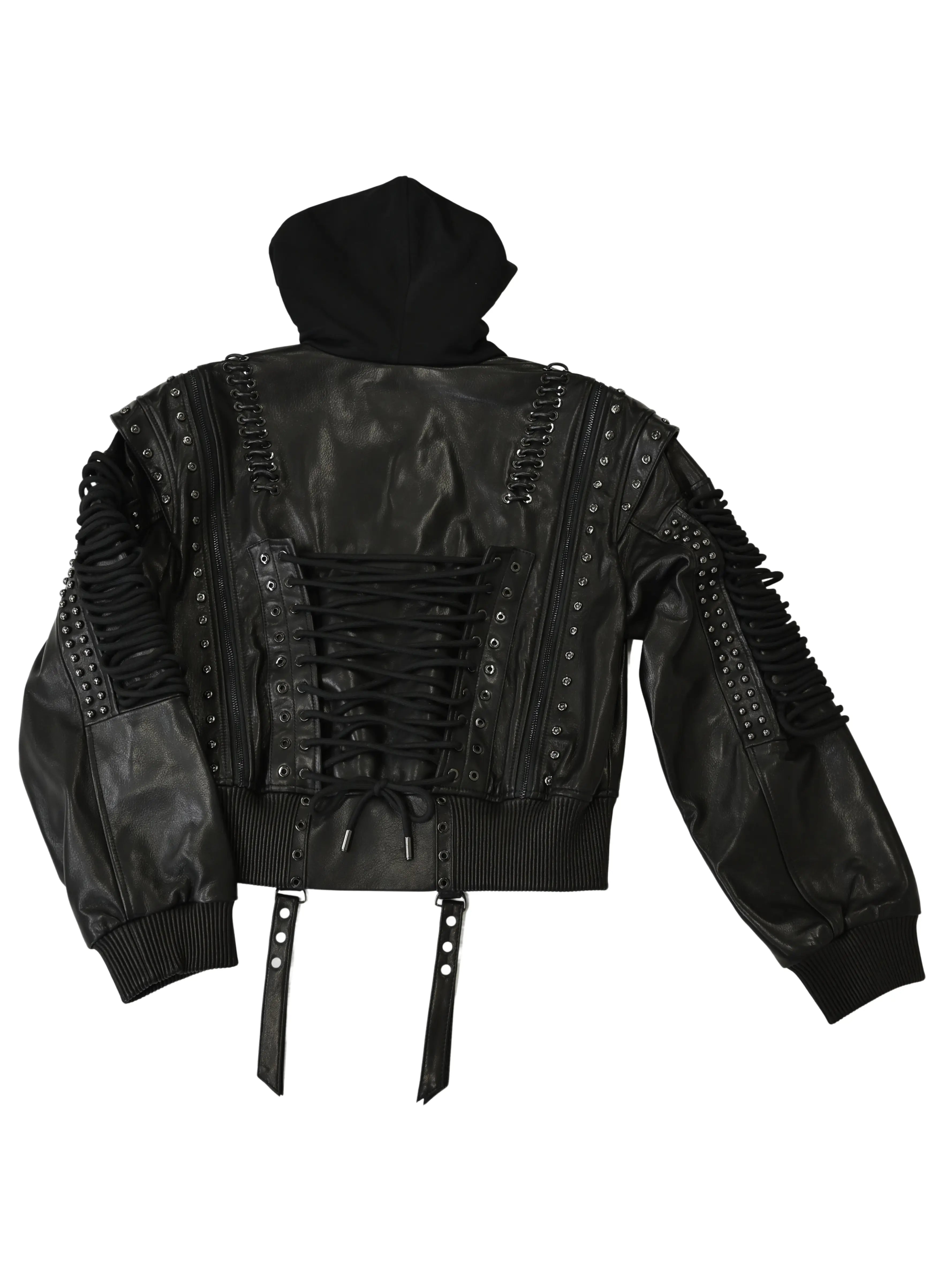 Apple Bottom Jeans Apple Bottom Jeans Lace Up Leather Bomber Jacket — branding close-up