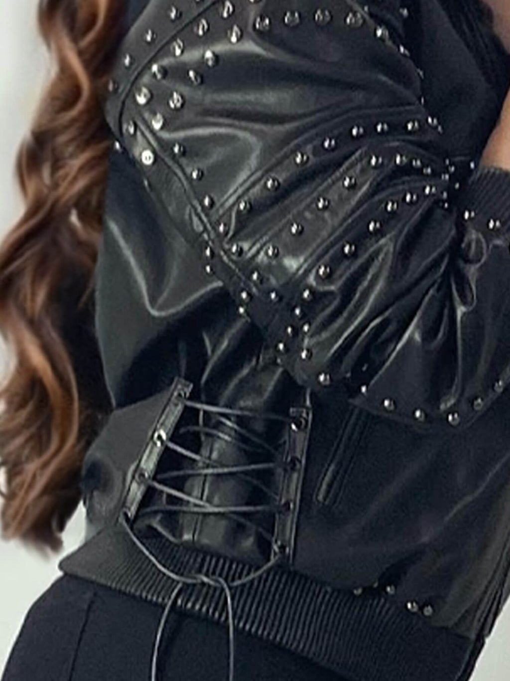 Apple Bottom Jeans Leather Bomber Jacket — Apple Bottom Jeans branding close-up