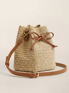 Mini Handwoven Raffia Drawstring Crossbody Bag