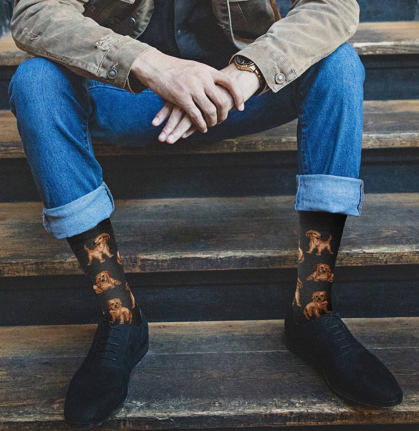 KADOU BOUTIQUE Mens - Happy Puppies Bamboo Crew Socks — detail close-up