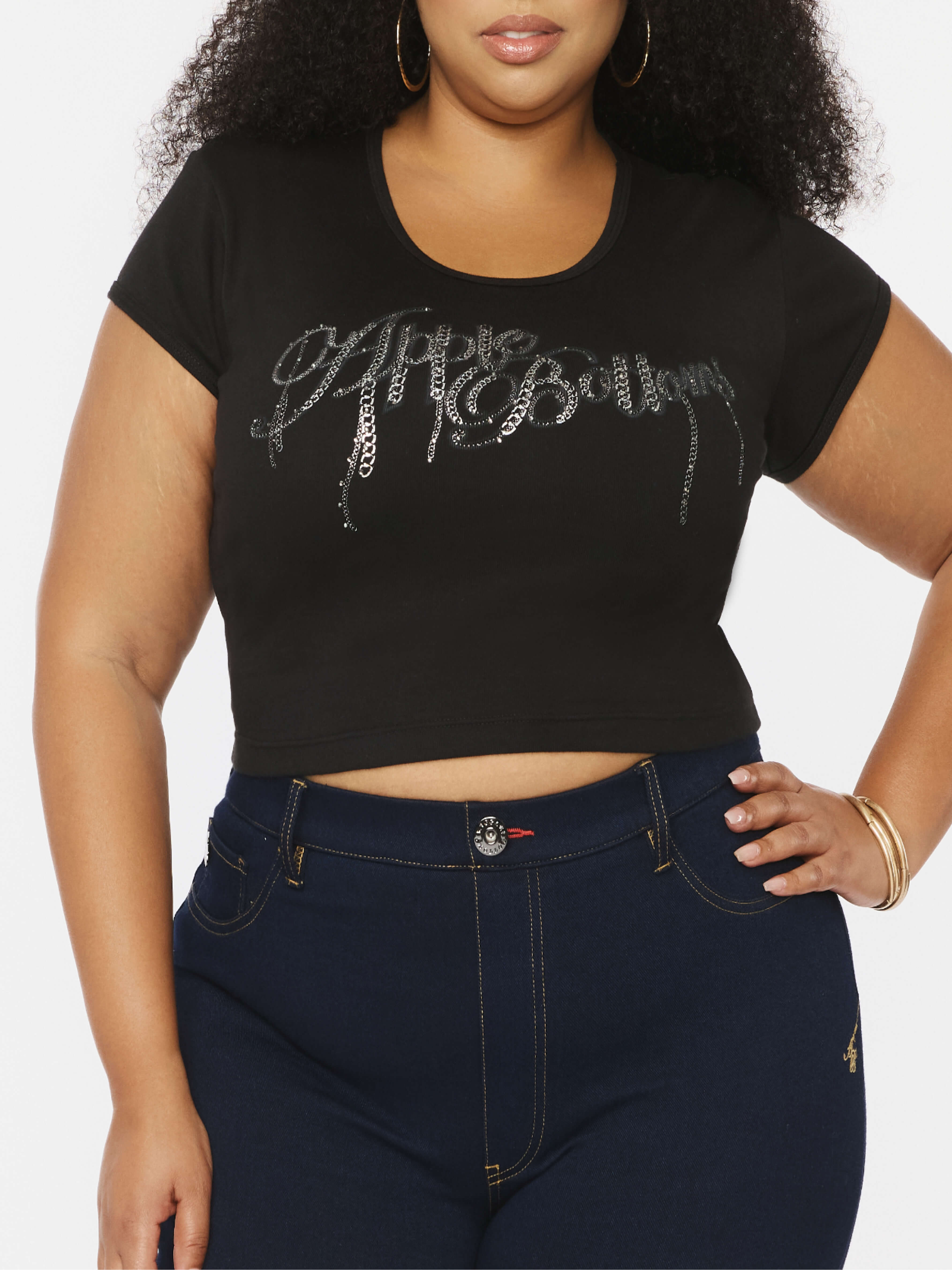 Apple Bottom Jeans Chain Reaction Baby Tee - Black — branding close-up