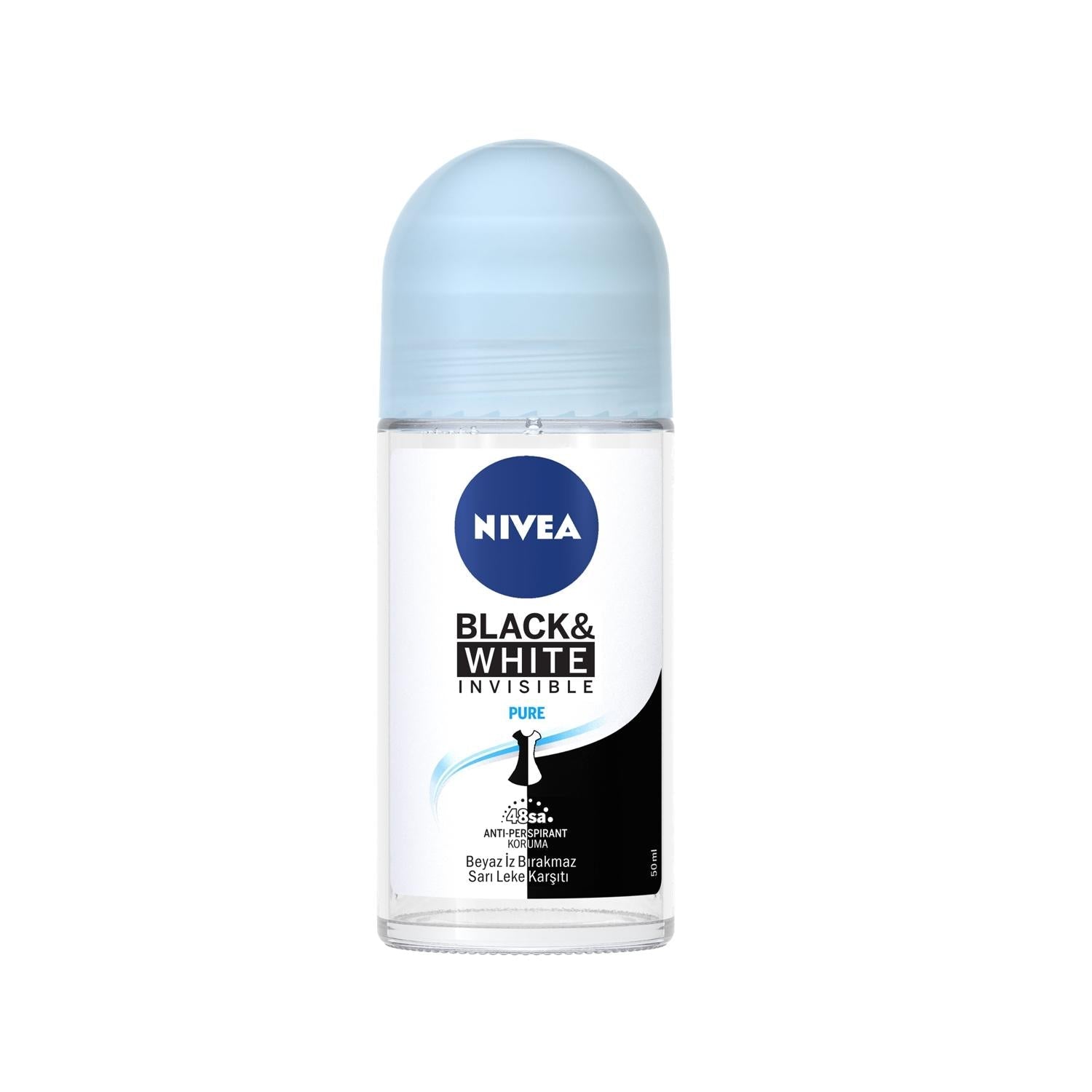 Nivea Invisible Black&White Pure Roll-On Deodorant - 50ml Antiperspirant for Stain-Free Clothing