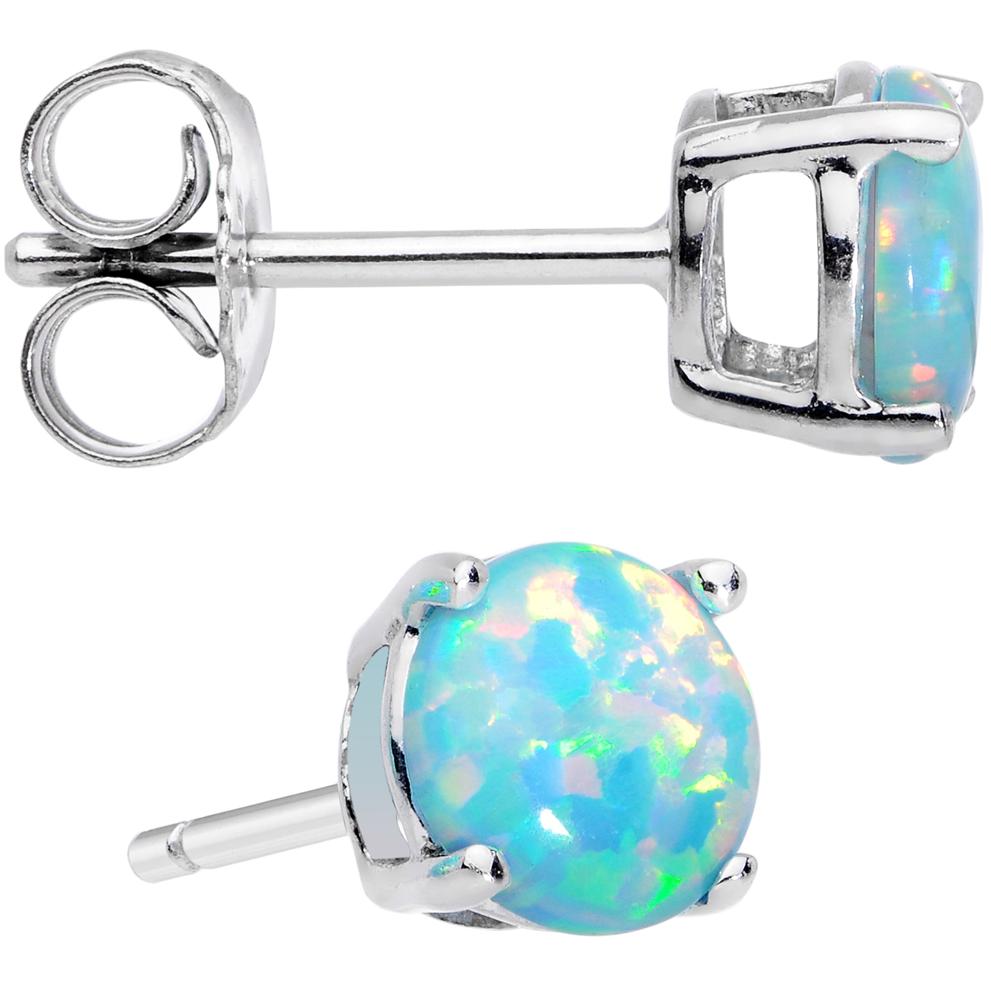 BodyCandy 6mm Teal Round Sterling Silver Synthetic Opal Stud Earrings — detail close-up