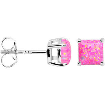 BodyCandy 6mm Pink Square Sterling Silver Synthetic Opal Stud Earrings — detail close-up