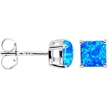 BodyCandy 6mm Blue Square Sterling Silver Synthetic Opal Stud Earrings — detail close-up