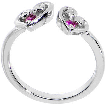 BodyCandy 925 Sterling Silver Red CZ Dual Heart Toe Ring — detail close-up