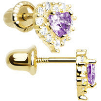 BodyCandy 14k Yellow Gold Heart CZ February Birthstone Youth Screwback Earrings — detail close-up