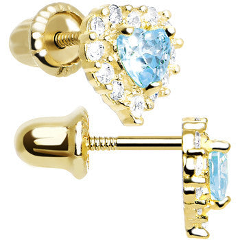 BodyCandy 14k Yellow Gold Heart CZ March Birthstone Youth Screwback Earrings — detail close-up