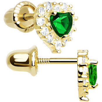 BodyCandy 14k Yellow Gold Heart CZ May Birthstone Youth Screwback Earrings — detail close-up