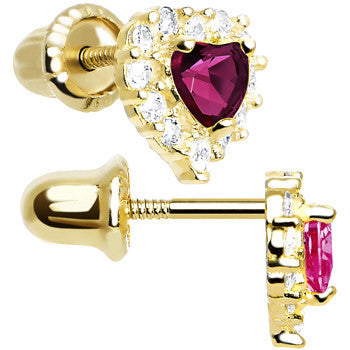 BodyCandy 14k Yellow Gold Heart CZ July Birthstone Youth Screwback Earrings — detail close-up