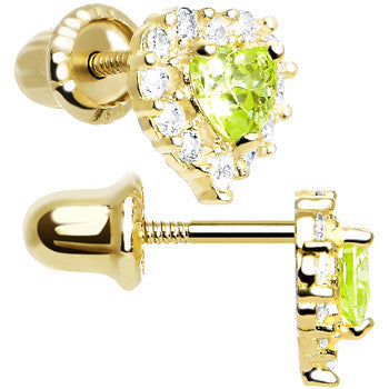 BodyCandy 14k Yellow Gold Heart CZ August Birthstone Youth Screwback Earrings — detail close-up