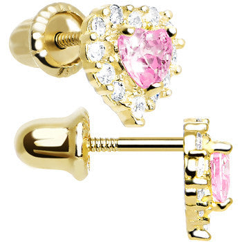 BodyCandy 14k Yellow Gold Heart CZ October Birthstone Youth Screwback Earrings — detail close-up