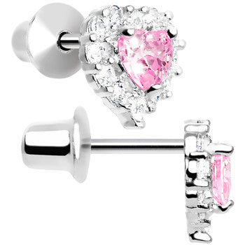 BodyCandy Sterling Silver Heart CZ October Birthstone Youth Screwback Earrings — detail close-up