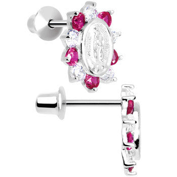 BodyCandy Sterling Silver Pink CZ Lady of Guadalupe Youth Screwback Earrings — detail close-up