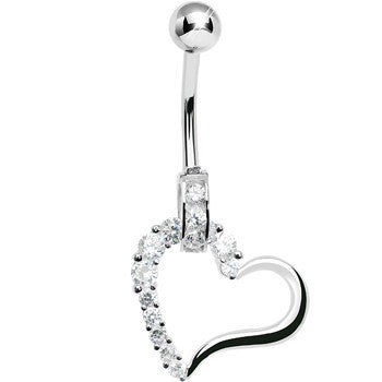 BodyCandy 925 Sterling Silver Cubic Zirconia Hollow Heart Charm Belly Ring — detail close-up