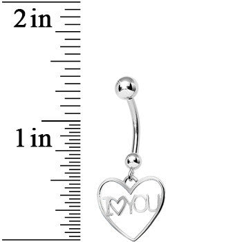 BodyCandy 925 Sterling Silver I Love You Heart Dangle Belly Ring — detail close-up