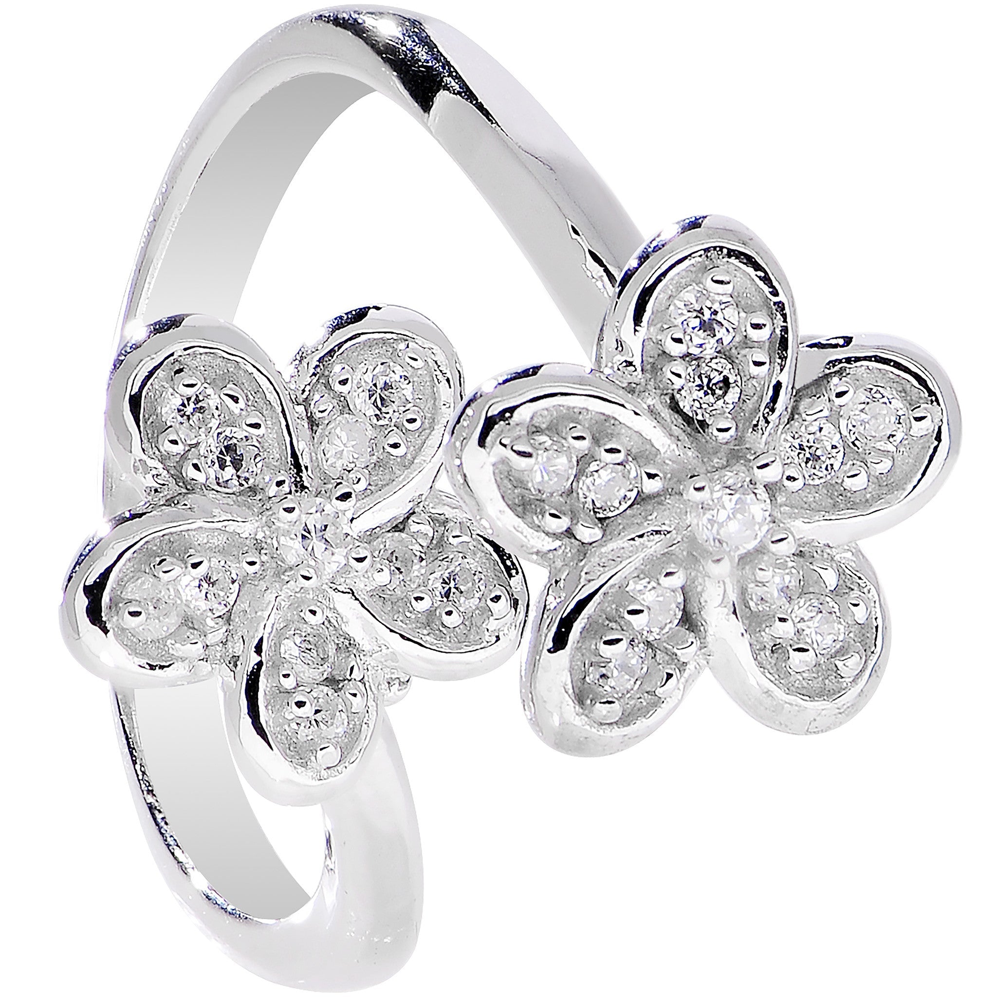 BodyCandy 925 Sterling Silver Clear CZ Twin Flower Toe Ring — detail close-up
