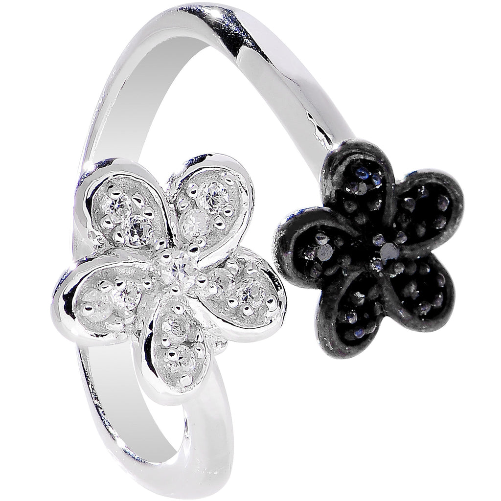 BodyCandy 925 Sterling Silver Clear Black CZ Twin Flower Toe Ring — detail close-up