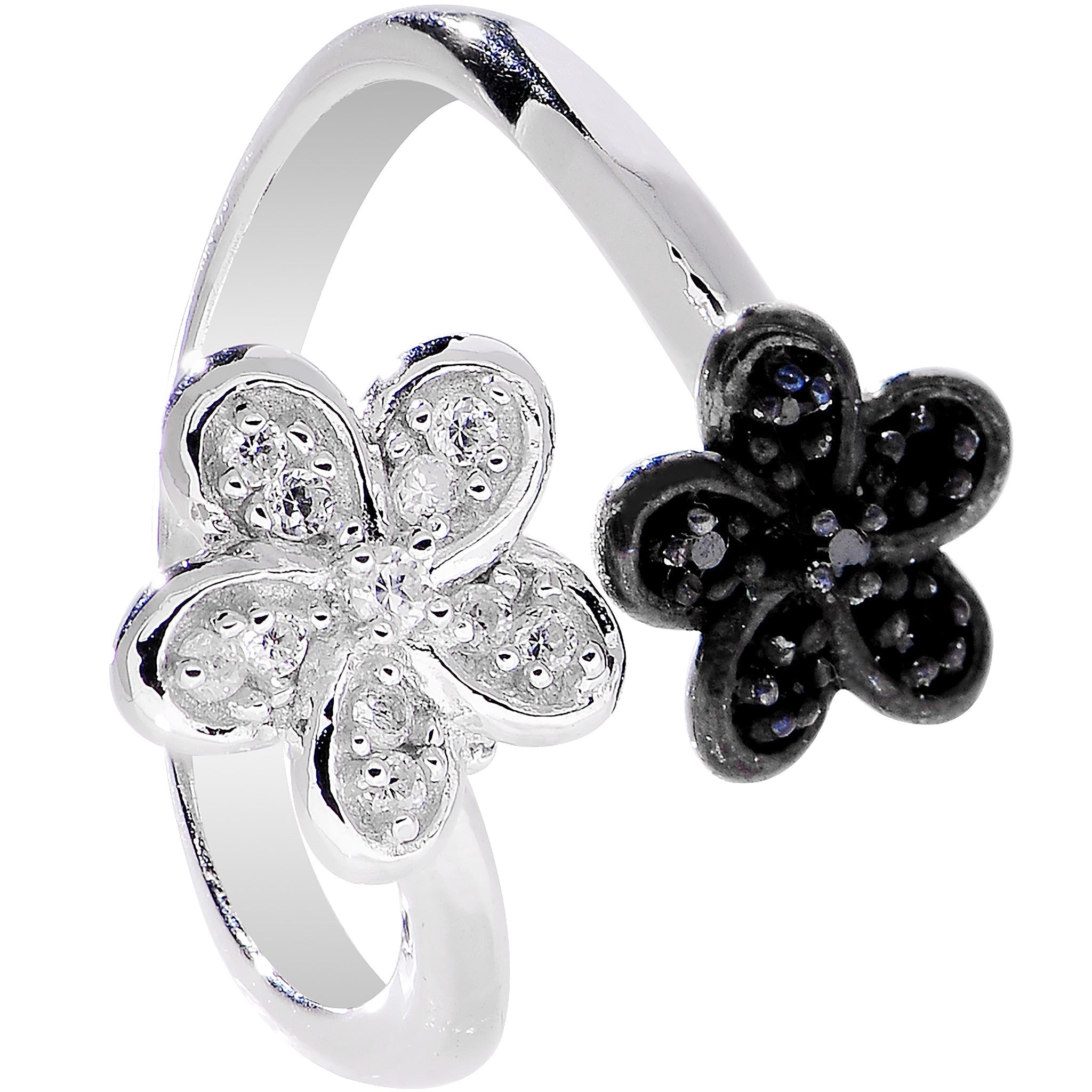 BodyCandy 925 Sterling Silver Clear Black CZ Twin Flower Toe Ring — detail close-up