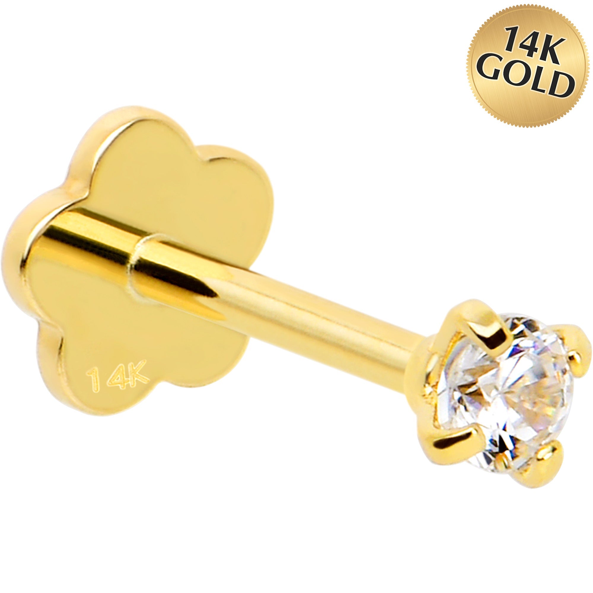 BodyCandy 14k Yellow Gold Flat Back Earring 20G 2mm CZ Floral Reversible — main product shot