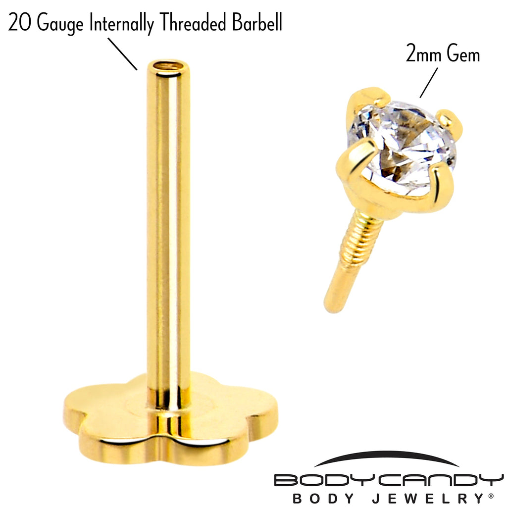 BodyCandy 14k Yellow Gold Flat Back Earring 20G 2mm CZ Floral Reversible — detail close-up