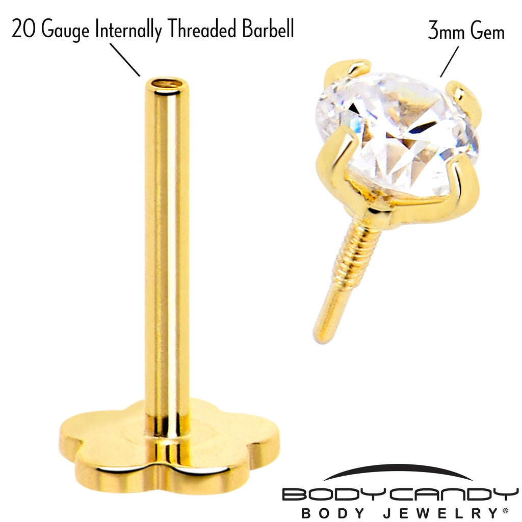 BodyCandy 14k Yellow Gold Flat Back Earring 20G 3mm CZ Floral Reversible — detail close-up