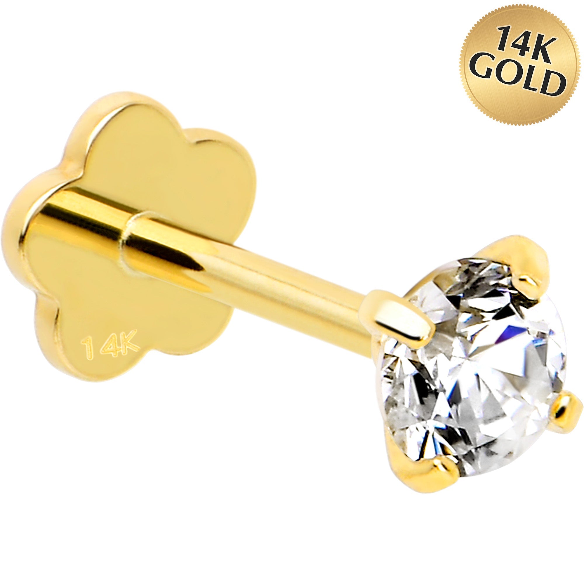 BodyCandy 14k Yellow Gold Flat Back Earring 20G 3mm CZ Floral Reversible — main product shot
