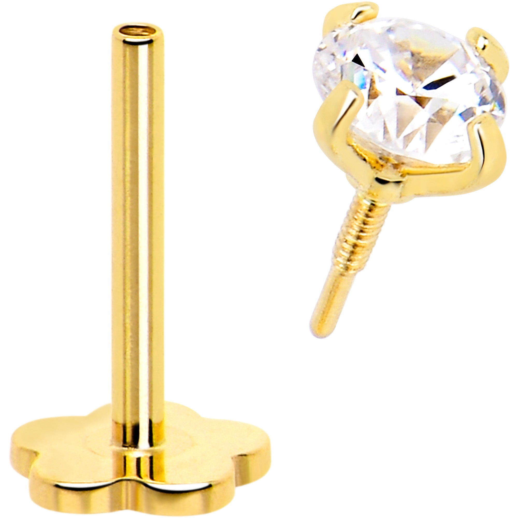BodyCandy 14k Yellow Gold Flat Back Earring 20G 3mm CZ Floral Reversible — side view