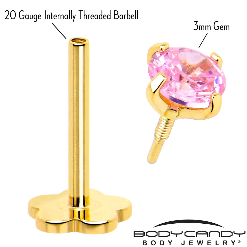 BodyCandy 14k Yellow Gold Flat Back Earring 20G 4mm Pink CZ Floral Reversible — detail close-up