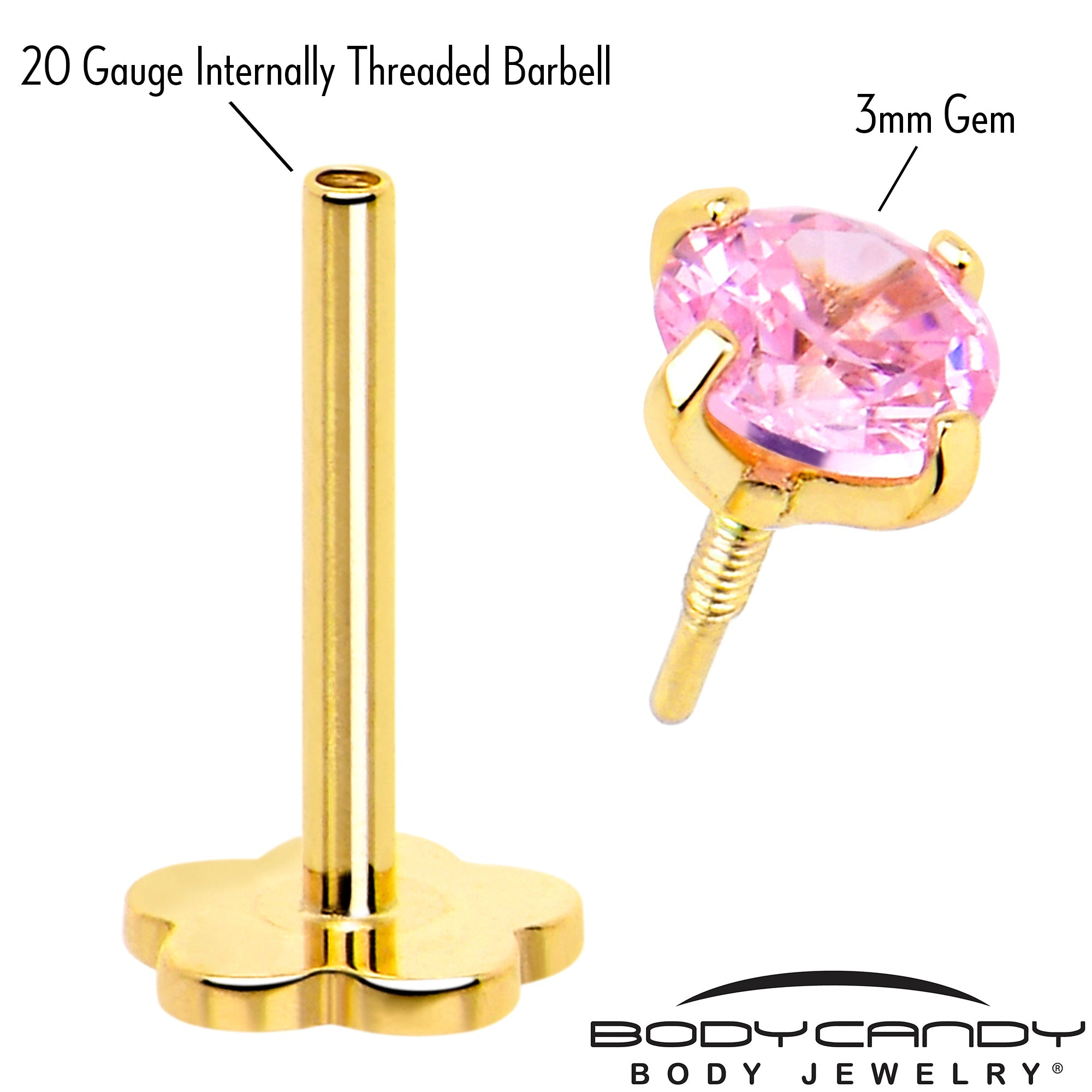BodyCandy 14k Yellow Gold Flat Back Earring 20G 4mm Pink CZ Floral Reversible — detail close-up