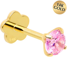 14k Yellow Gold Flat Back Earring 20G 4mm Pink CZ Floral Reversible
