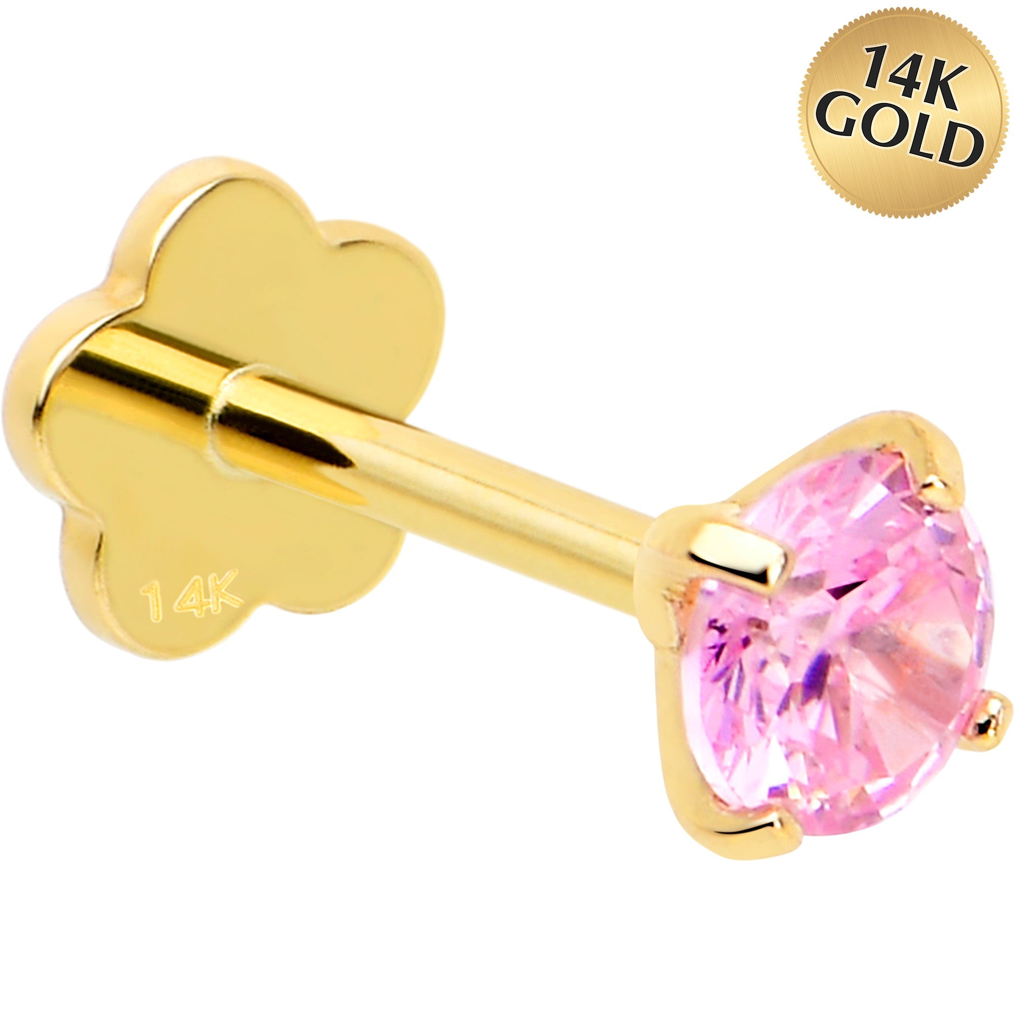 BodyCandy 14k Yellow Gold Flat Back Earring 20G 4mm Pink CZ Floral Reversible — main product shot