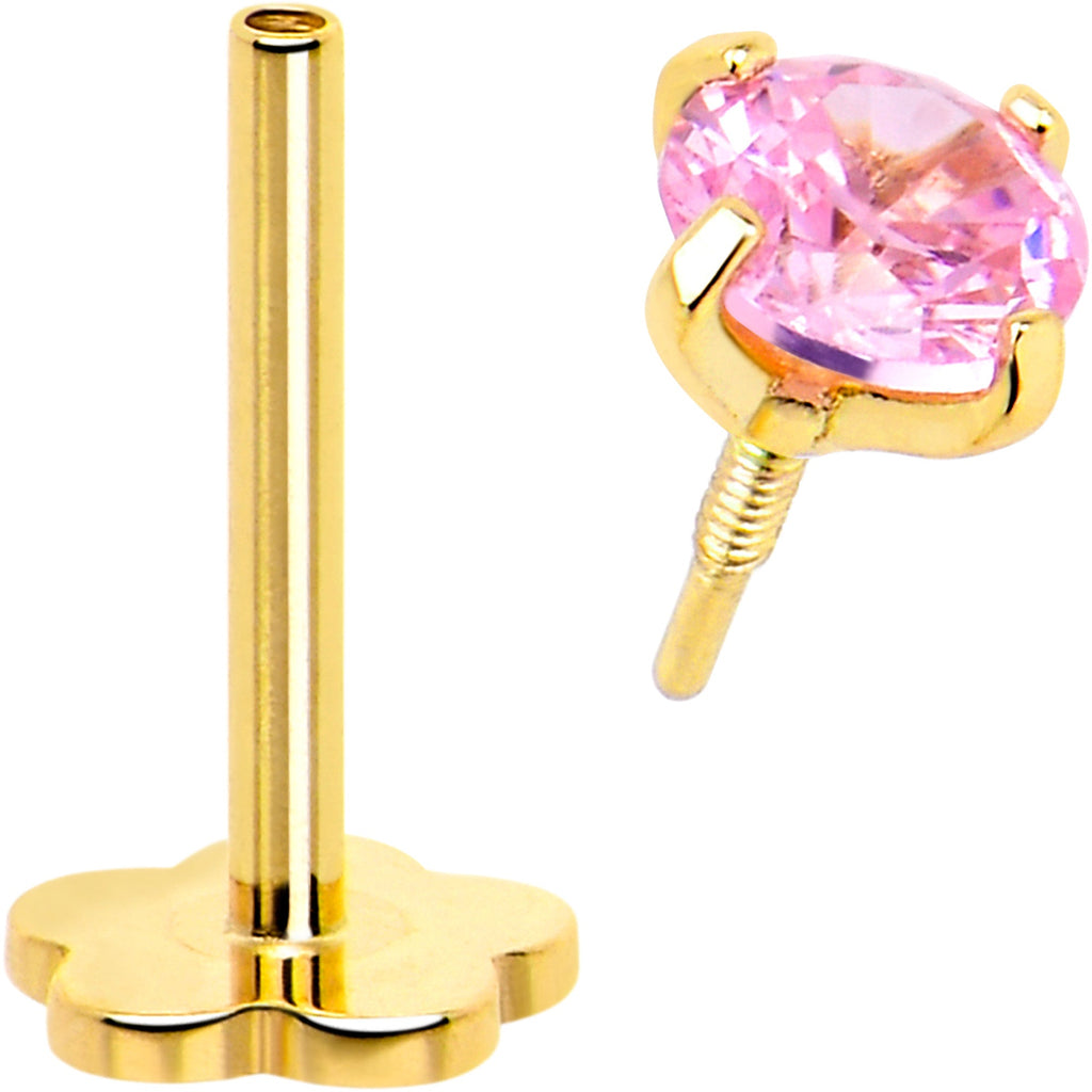 BodyCandy 14k Yellow Gold Flat Back Earring 20G 4mm Pink CZ Floral Reversible — side view