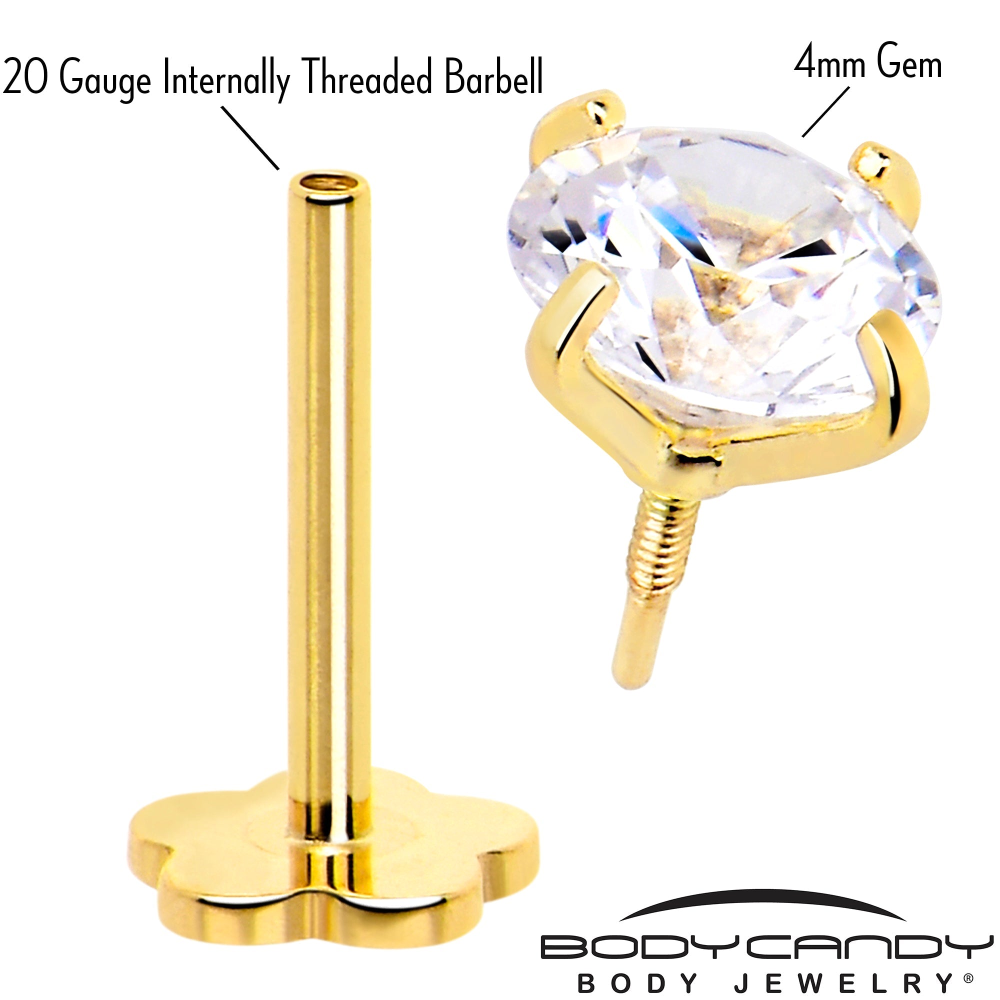 BodyCandy 14k Yellow Gold Flat Back Earring 20G 4mm CZ Floral Reversible — detail close-up